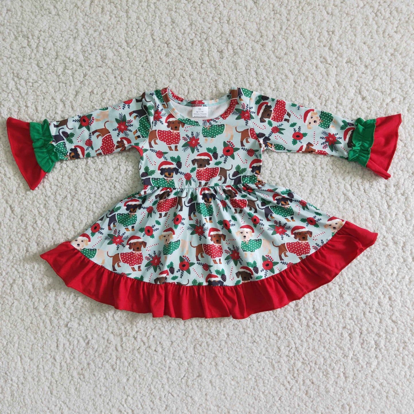 6 A6-17 Christmas dog Holly Berry long sleeve girls dress