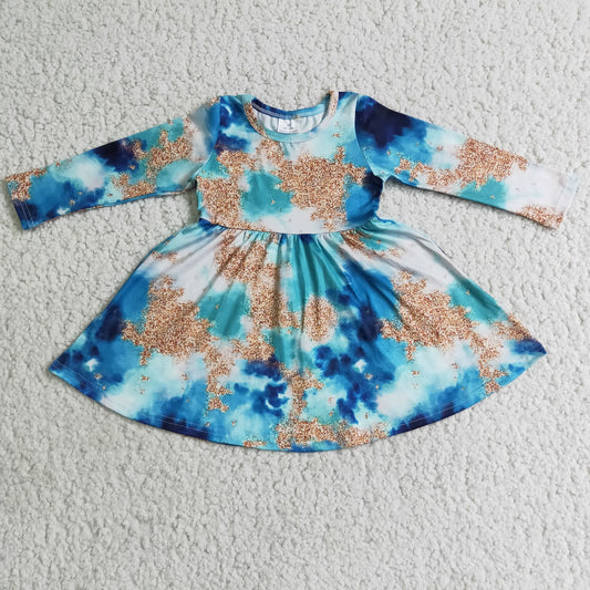 6 A6-18 Blue Ink Pattern Long Sleeve Girls Dress