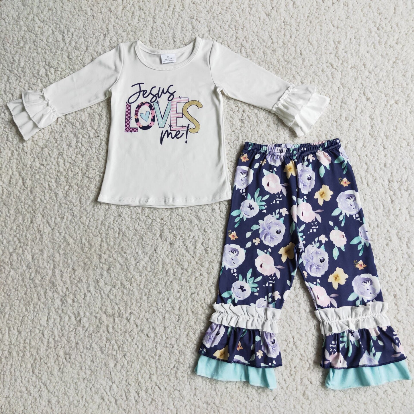 6 A7-12 Valentine's Day Loves White Long Sleeve Flowers Navy Blue Pants Girls Set