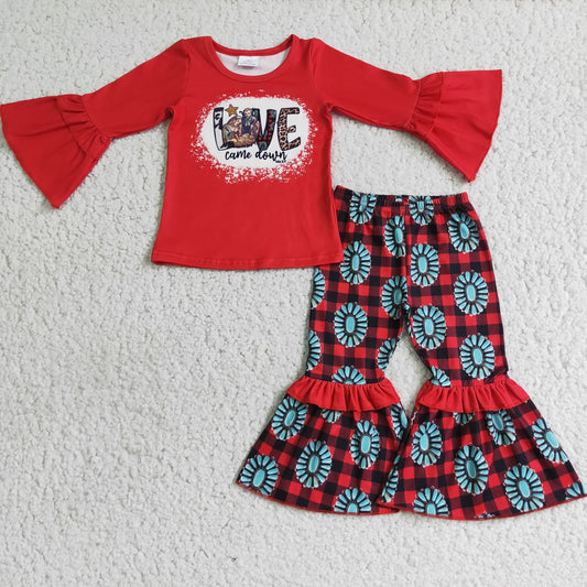 6 A7-28 Western love red long sleeve top red checkered pants girls set