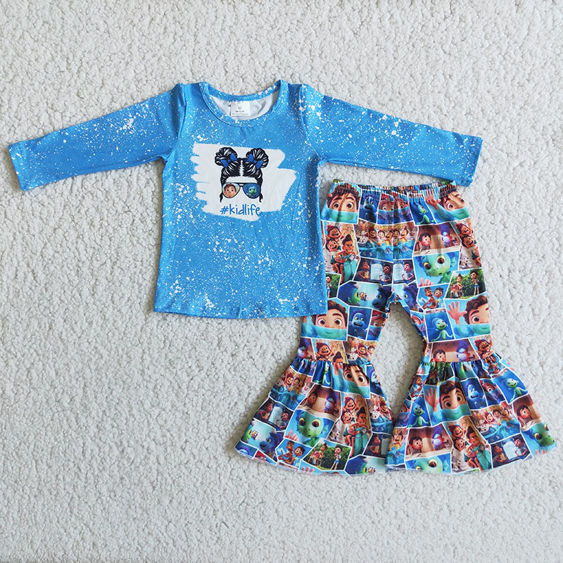 6 A7-3 Cartoon baby blue long sleeve pants girls set