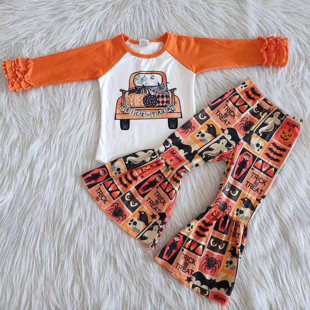 6 A7-30 Halloween pumpkin truck long sleeve girls set