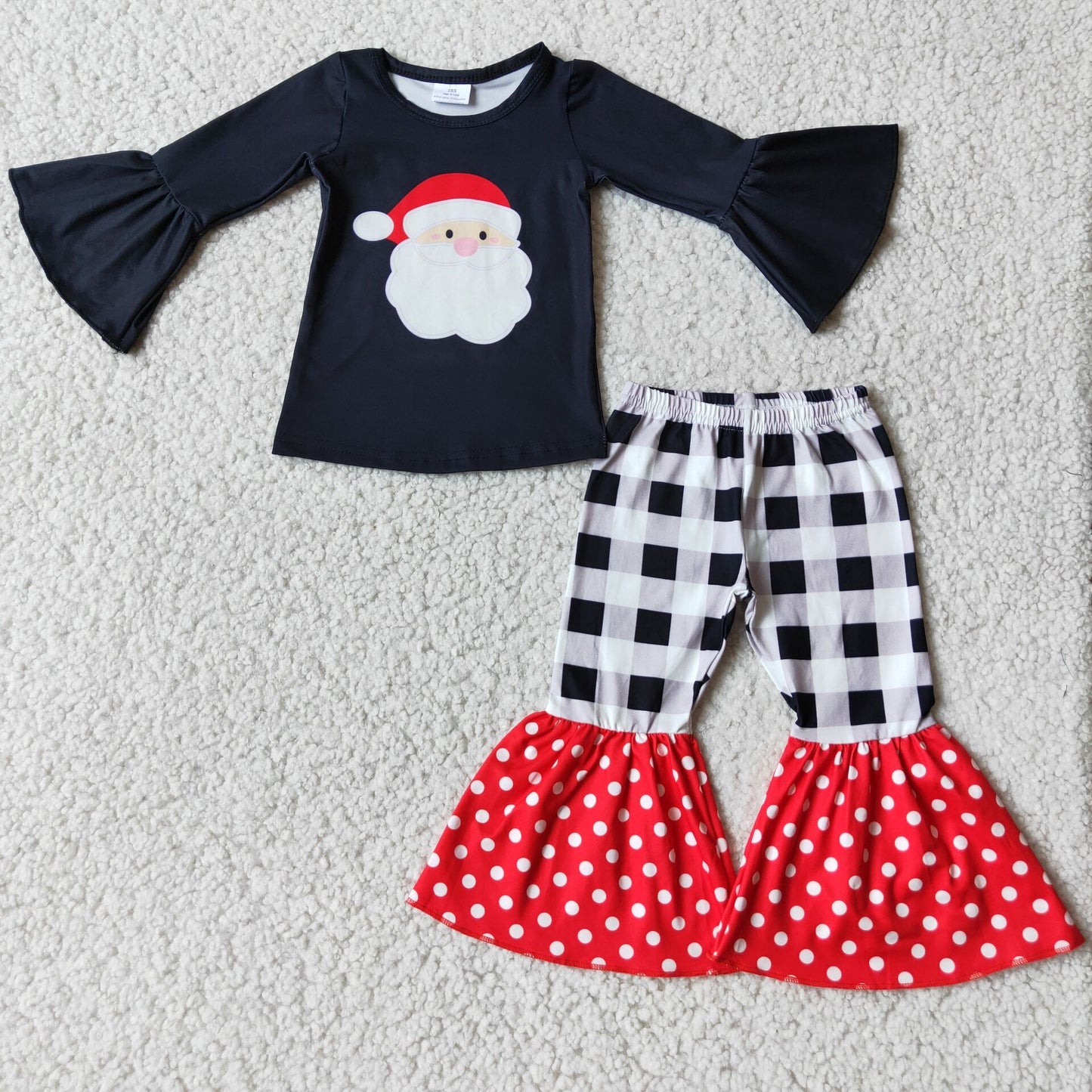 6 A8-14 Merry Christmas Santa Claus black long sleeve checkered pants girls set