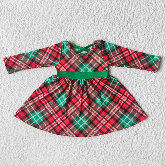 6 A8-19 Christmas Red Green Checkered Long Sleeve Girls Dress