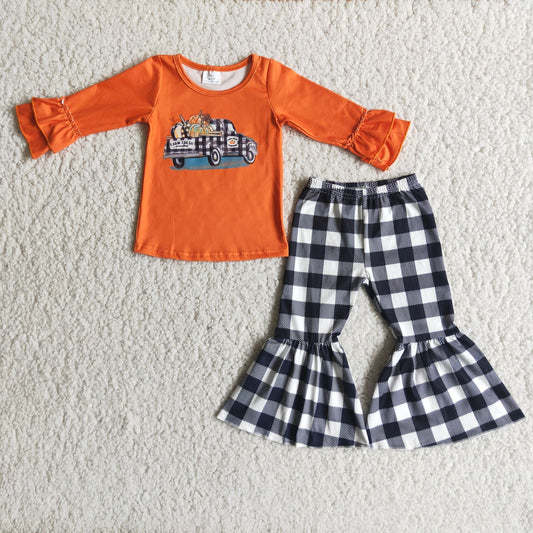 6 A8-29 Pumpkin truck orange long sleeve black plaid pants girls set