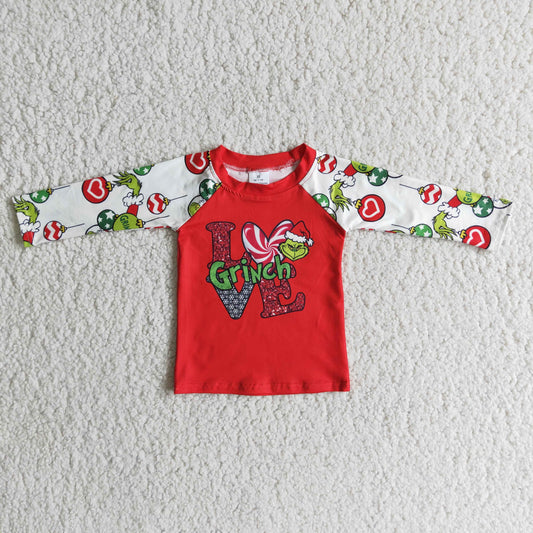 6 A9-12 Christmas green face red long sleeve kids top