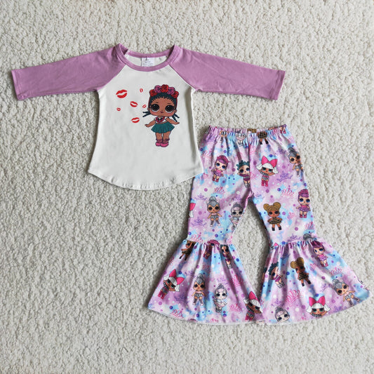 6 A9-14 Cartoon girl purple long sleeve pants girls set