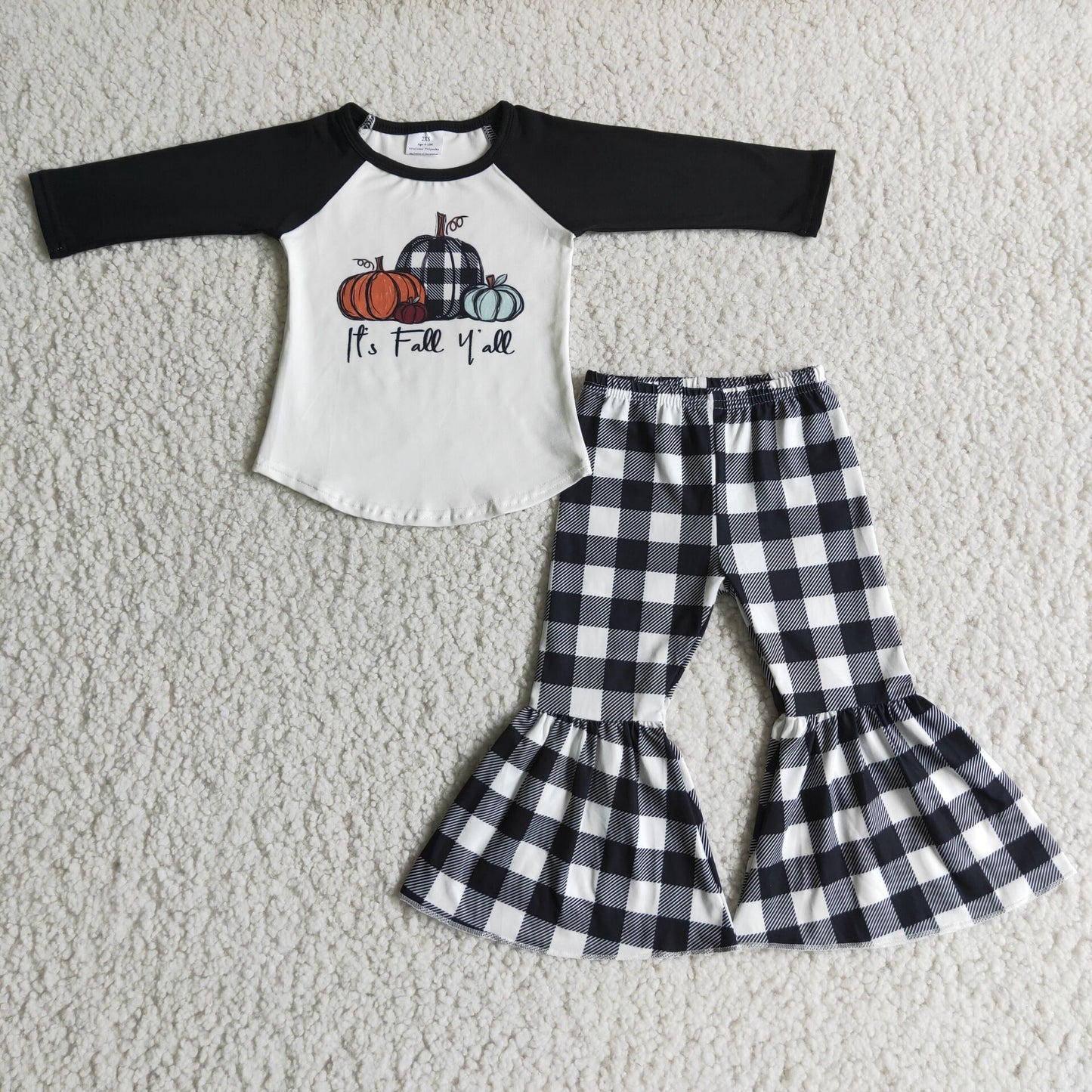 6 A9-29 Orange black long sleeve striped plaid pants girls set
