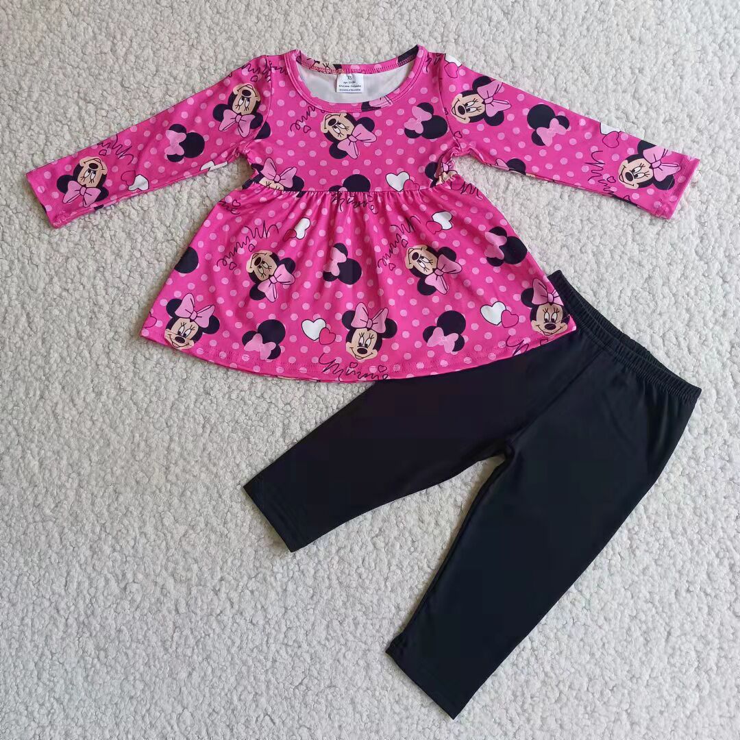 6 B1-1 Cartoon hot pink dot long sleeve black pants girls set