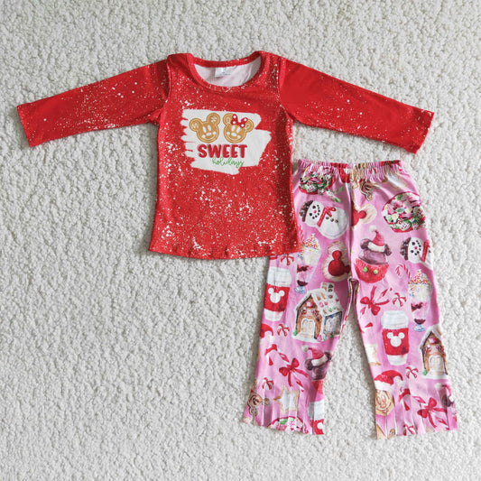 6 B1-17 Christmas sweet red long sleeve pink pants girls set