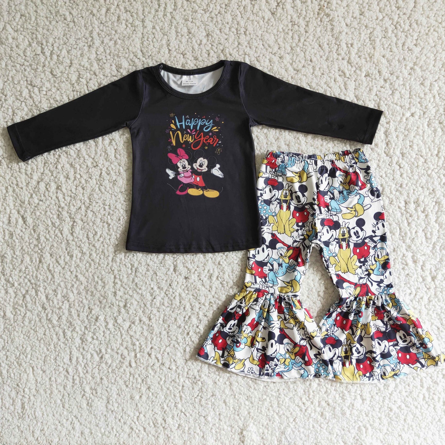 6 B1-18 Happy new year cartoon black long sleeve pants girls set