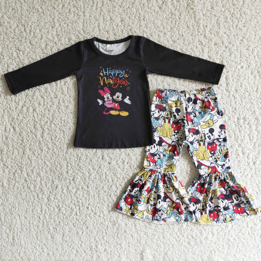 6 B1-18 Happy new year cartoon black long sleeve pants girls set