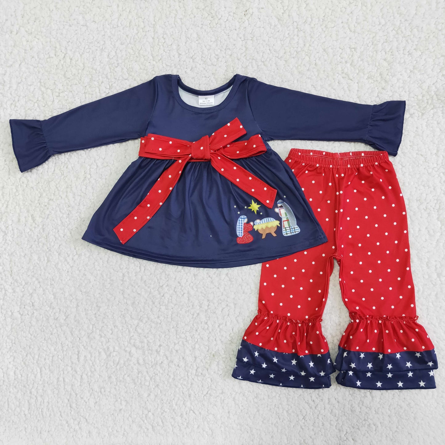 6 B1-2 Easter The Nativity Story navy blue long sleeve red dot pants girls set