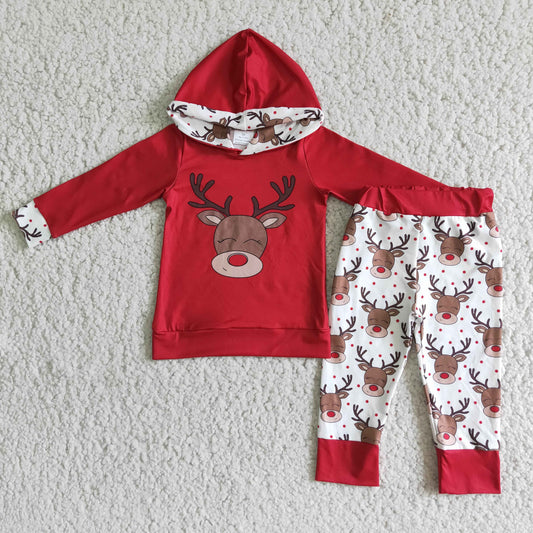 6 B1-24 Christmas deer red hoodie pants boys set