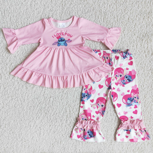 6 B1-35 I Love You Cartoon Pink Long Sleeve Heart Pants Girls Set