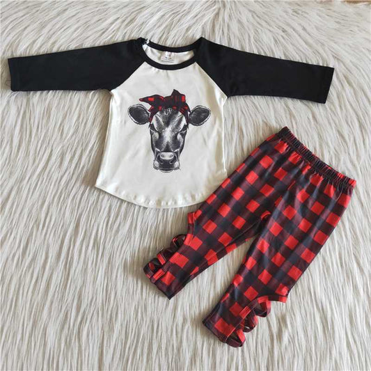 6 B10-3 Christmas cow long sleeve red checkered pants girls set