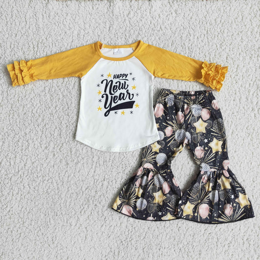 6 B11-2 Happy new year yellow long sleeve pants girls set