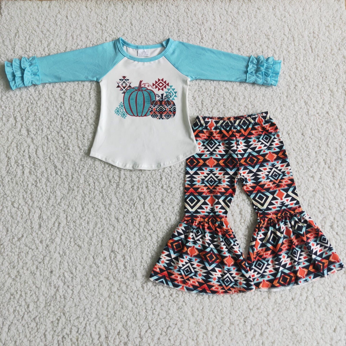 6 B11-39 Pumpkin Aztec blue long sleeve girls set
