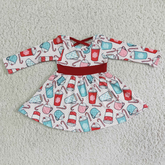 6 B12-19 Christmas cane candy coffee long sleeve girls dress