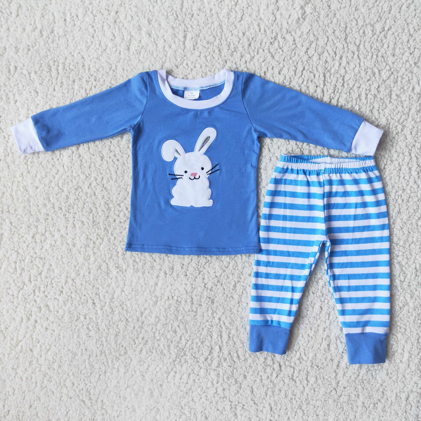 6 B13-27 Easter Rabbit Blue Long Sleeve Blue Striped Pants Boys Set