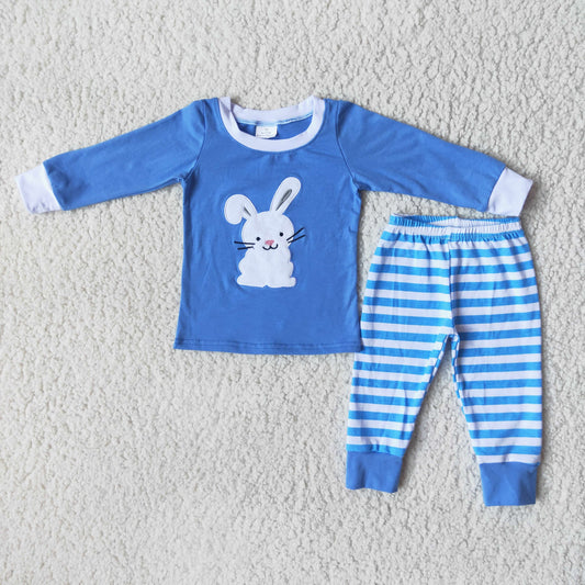 6 B13-27 Easter Rabbit Blue Long Sleeve Blue Striped Pants Boys Set