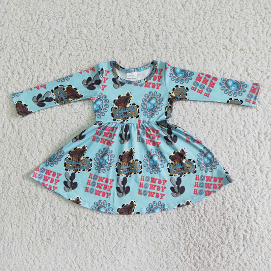 6 B13-9 Howdy Grem Cactus Blue Long Sleeve Girls Dress