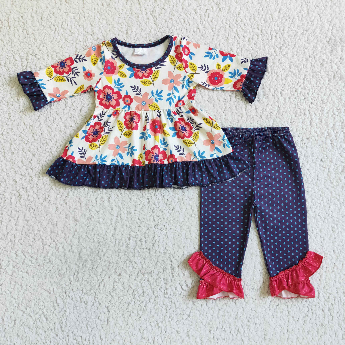 6 B2-1 Colorful Flowers Long Sleeve Navy Pants Girls Set