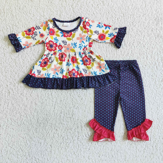 6 B2-1 Colorful Flowers Long Sleeve Navy Pants Girls Set