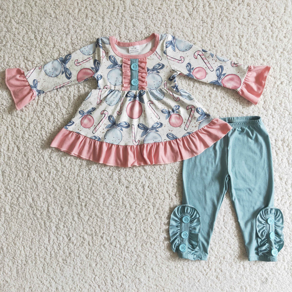 6 B2-2 Christmas cane candy pink long sleeve blue pants girls set