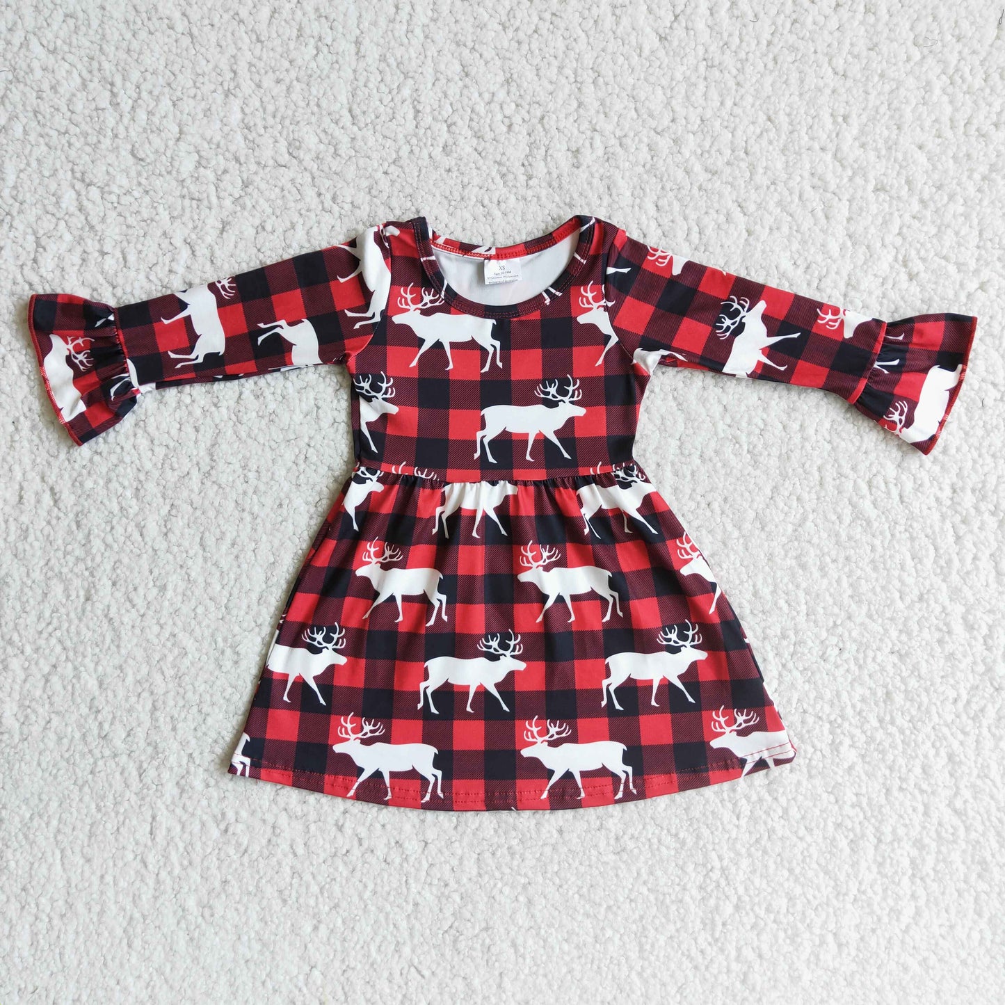 6 B2-21 Deer black red checkered long sleeve girls dress