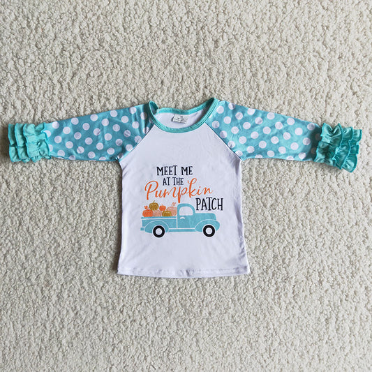 6 B2-36 MEET ME AT THE Pumpkin PATCH Girls Blue Long Sleeve Top