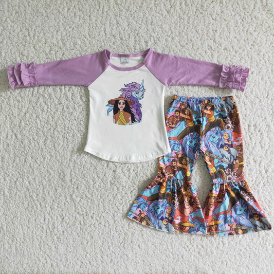 6 B3-17 Cartoon princess girl purple long sleeve pants girls set