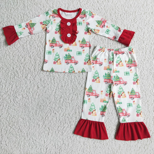 6 B3-38 Christmas tree truck red long sleeve pants girls pajamas