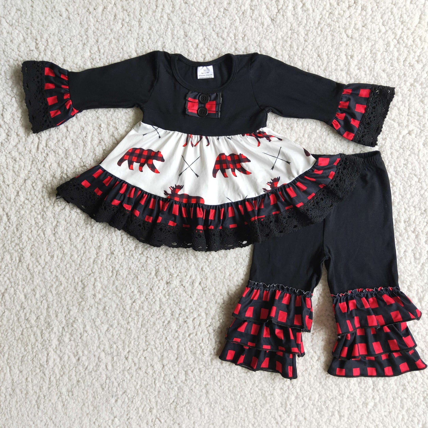 6 B4-1 Christmas bear black long sleeve red checkered pants girls set