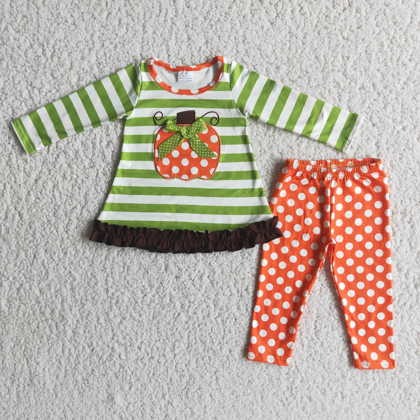 6 B4-3 Pumpkin green striped long sleeve orange dot pants girls set