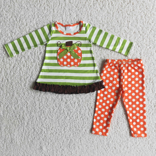6 B4-3 Pumpkin green striped long sleeve orange dot pants girls set