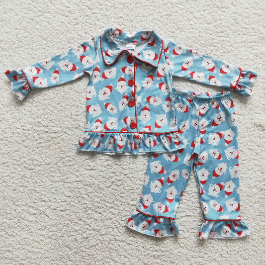 6 B6-22 Christmas Santa Claus blue long sleeve pants girls pajamas
