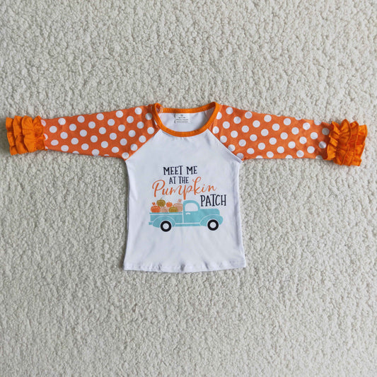 6 B6-31 Meet me pumpkin patch orange dot long sleeve girls top