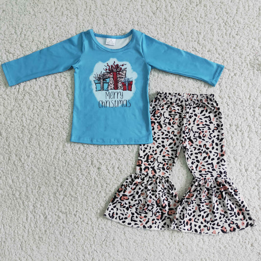 6 B6-36 Merry Christmas gift blue long sleeve leopard pants girls set