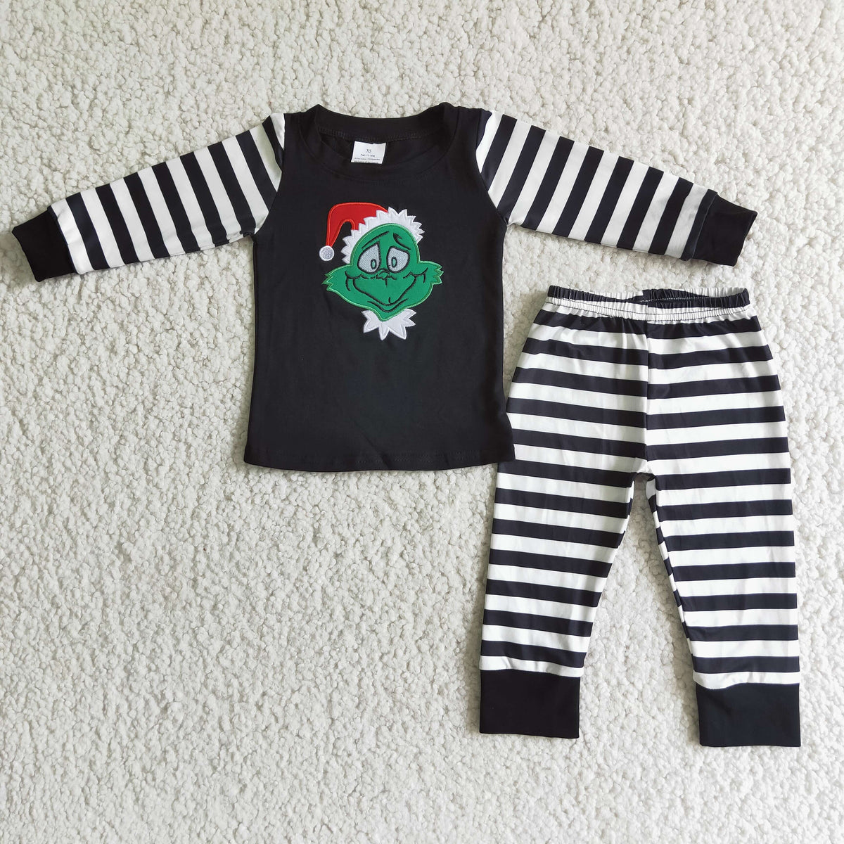 6 B7-17 Christmas green face black long sleeve striped pants boys set