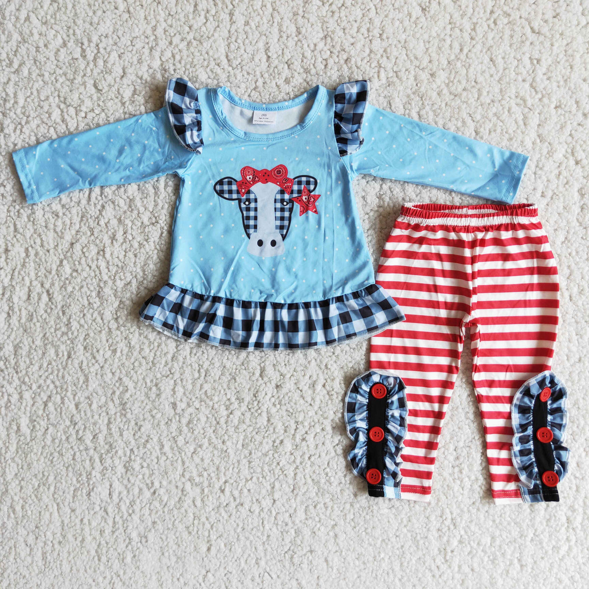 6 B7-22 Cow blue long sleeve red striped pants girls set