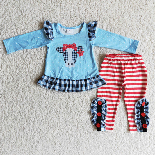 6 B7-22 Cow blue long sleeve red striped pants girls set