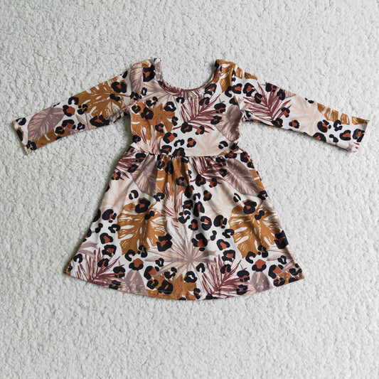 6 B7-3 Brown leaf leopard long sleeve girls dress