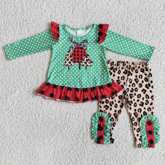 6 B8-17 Christmas tree green dot long sleeve leopard pants girls set