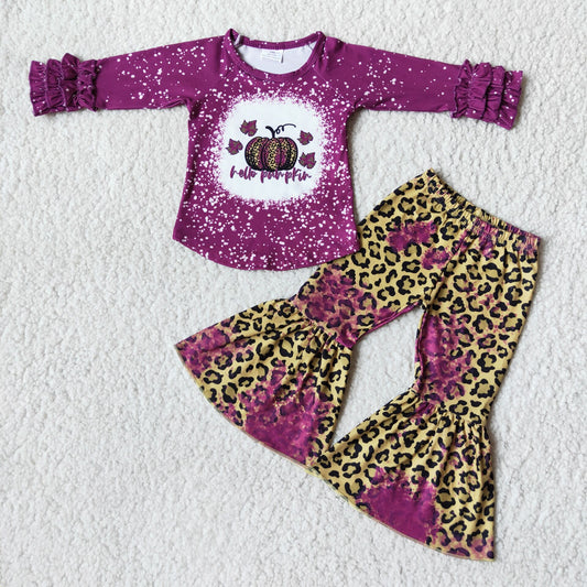 6 B8-2 Hello pumpkin purple long sleeve leopard pants girls set