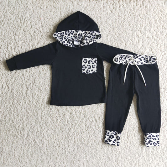 6 B8-22 Black Leopard Pocket Hoodie Pants Boys Set