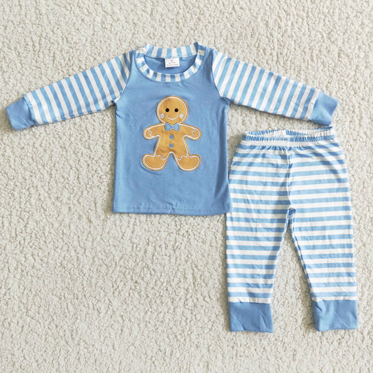 6 B8-23 Christmas Gingerbread Man Blue Long Sleeve Blue Striped Pants Boys Pajamas