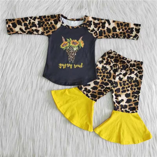 6 B8-37 Western cow sunflowers long sleeve leopard pants girls set