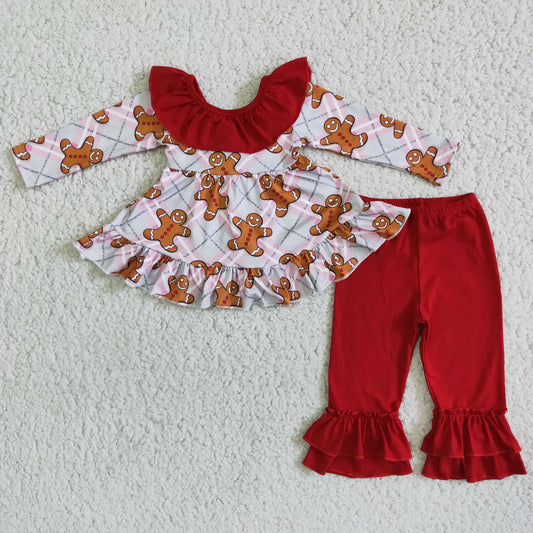 6 B8-5 Christmas Gingerbread Man Pink Long Sleeve Red Pants Girls Set