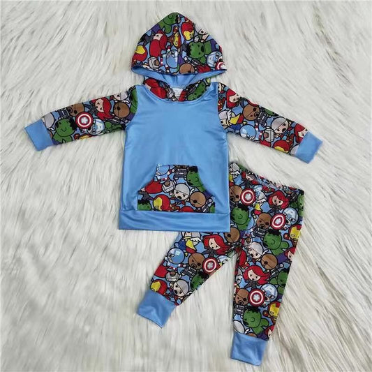 6 B9-37 Cartoon hero hoodie blue pants boys set